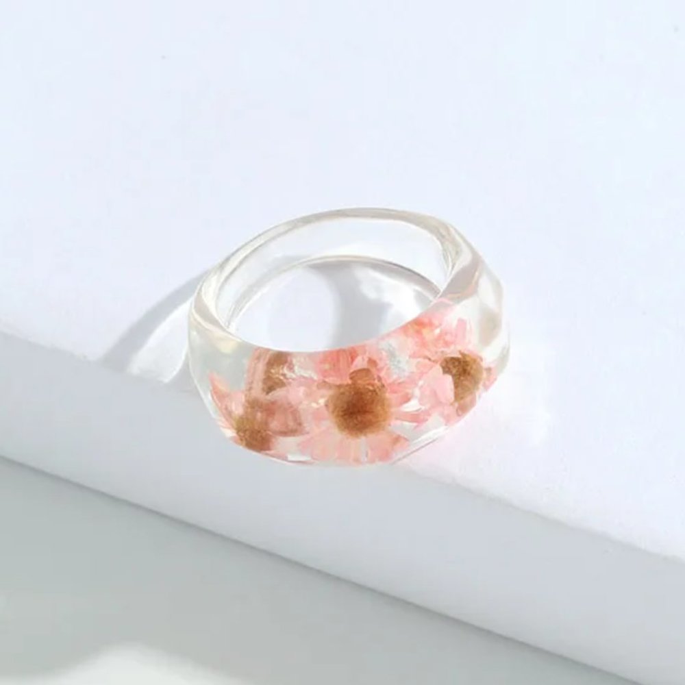 Pink Dried Flowers Boho Pressed Flowers Clear Transparent Resin Ring NEW